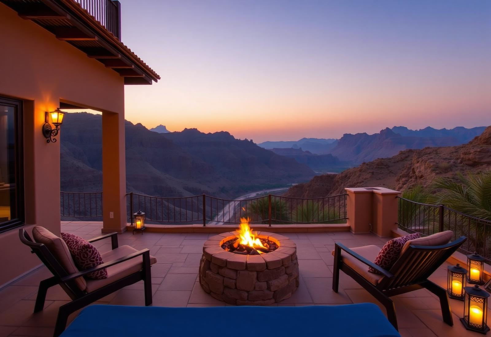 Holiday home terrace at dusk with fire pit