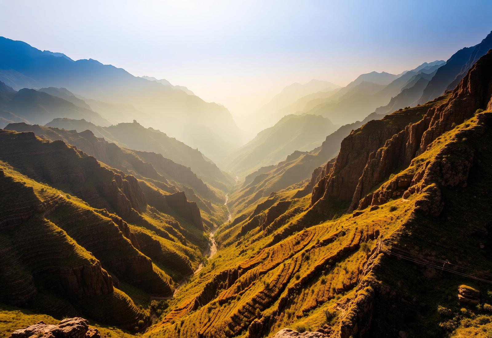 Green terraces and canyons of Jabal Akhdar at sunrise