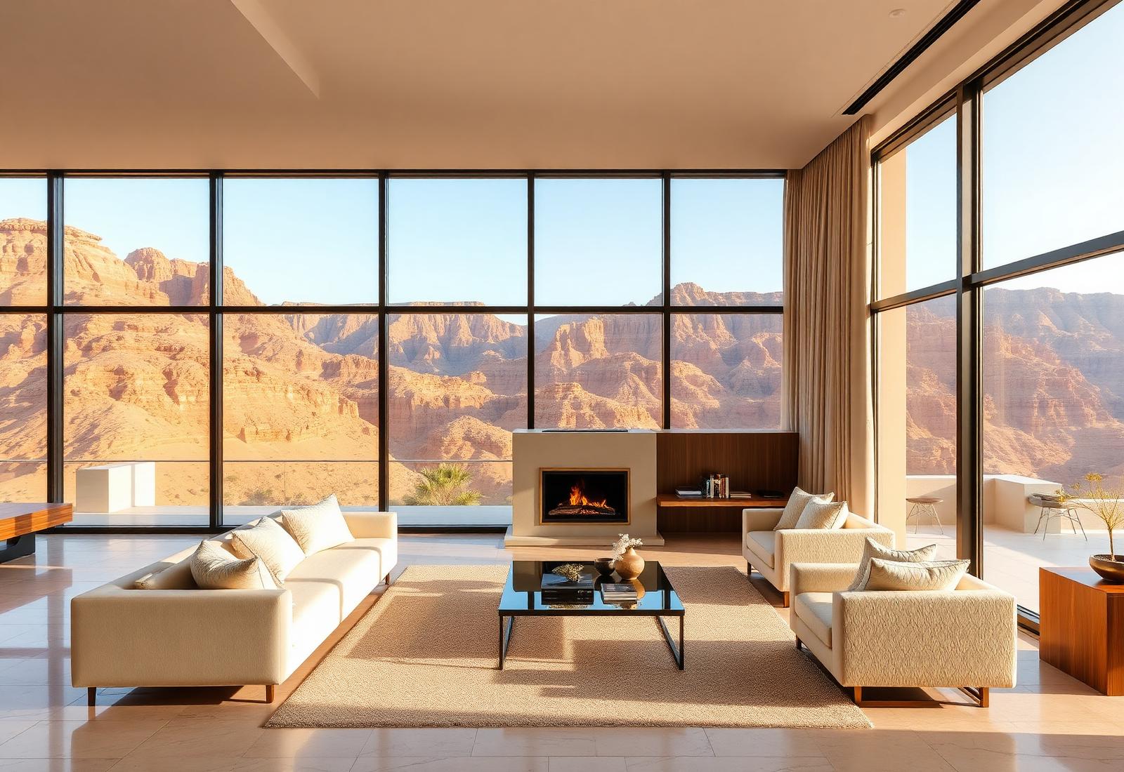 Luxury villa interior with mountain view